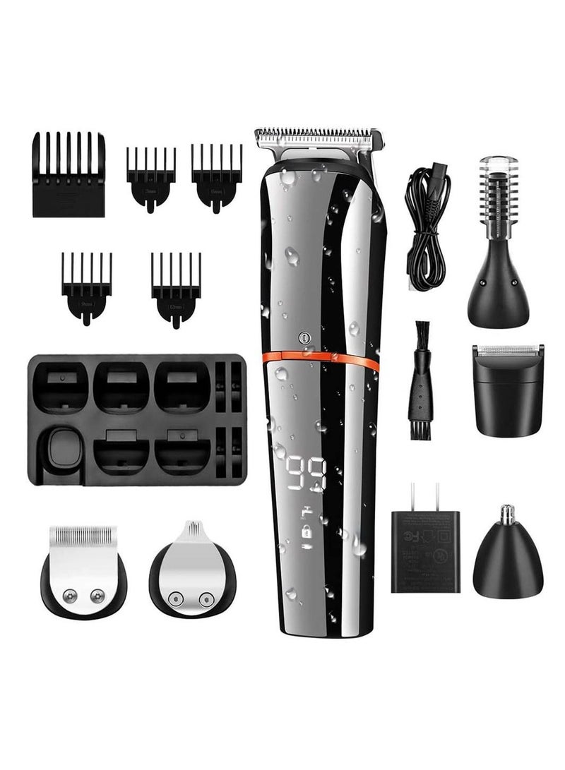 Hair Clippers for Men, Body Mustache Nose Hair Groomer, Cordless Precision Hair Trimmer 6 in 1 Grooming Kit Waterproof USB Rechargeable and LED Display