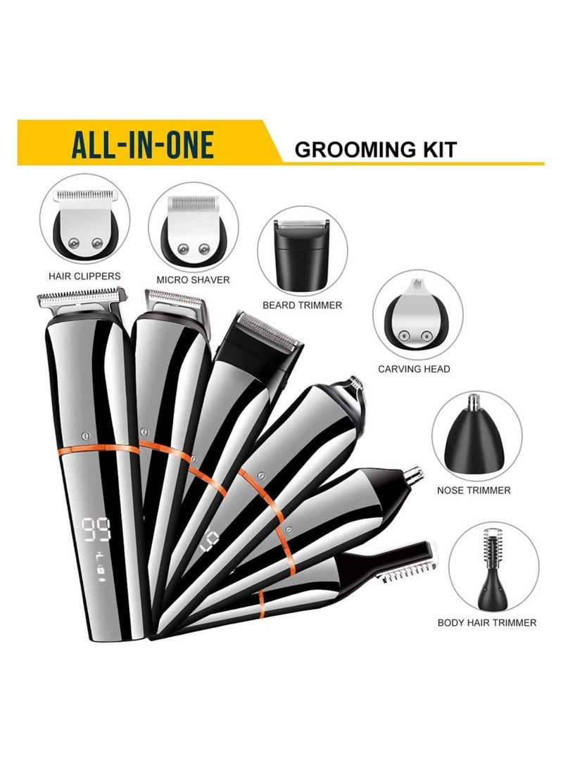 Hair Clippers for Men, Body Mustache Nose Hair Groomer, Cordless Precision Hair Trimmer 6 in 1 Grooming Kit Waterproof USB Rechargeable and LED Display