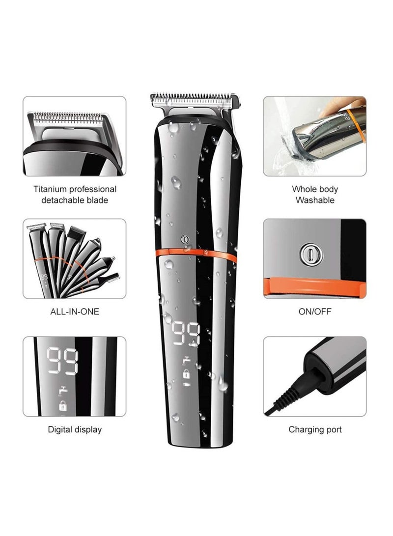 Hair Clippers for Men, Body Mustache Nose Hair Groomer, Cordless Precision Hair Trimmer 6 in 1 Grooming Kit Waterproof USB Rechargeable and LED Display