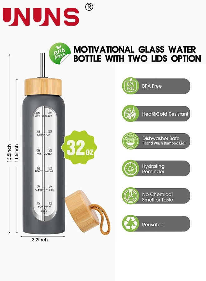 1L Motivational Glass Water Bottle with Time Marker & Silicone Sleeve &  Straw & Bamboo Lids & Fruit Infuser , Leak Proof Reusable BPA Free Motivational Drinking Jug Water Jug