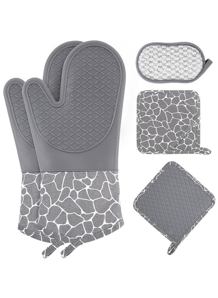 Set of Silicone Oven Mitts and Pot Holders - Heat Resistant Kitchen Gloves and Hot Pads for Baking, Cooking and Grilling