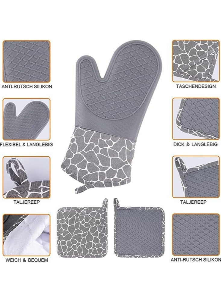 Set of Silicone Oven Mitts and Pot Holders - Heat Resistant Kitchen Gloves and Hot Pads for Baking, Cooking and Grilling