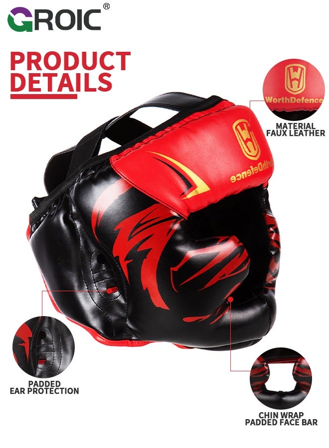 Boxing Headgear, Leather Boxing Helmet, Head Gear for MMA Kickboxing Karate Taekwondo Muay Thai Sparring & Training, Martial Arts Helmet, Fighting Sparring Headgear Fits Adults Youth Head Guard