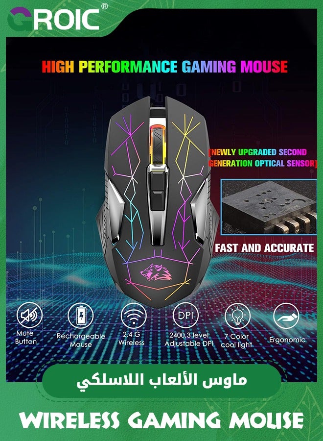 Black Wireless Gaming Mouse Rechargeable with Silent Rainbow RGB Backlit ,2.4G USB Nano Receiver Optical Sensor 3 level DPI,Ergonomic Gamer Laptop High Performance PC Mice for Windows/Mac/Vista