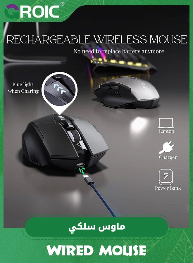 Black Wireless Mouse,Rechargeable Mouse Wireless 2.4G USB, Ergonomic Computer Mouse, 3 Levels DPI, Silent Wireless Mice for Laptop PC Computer