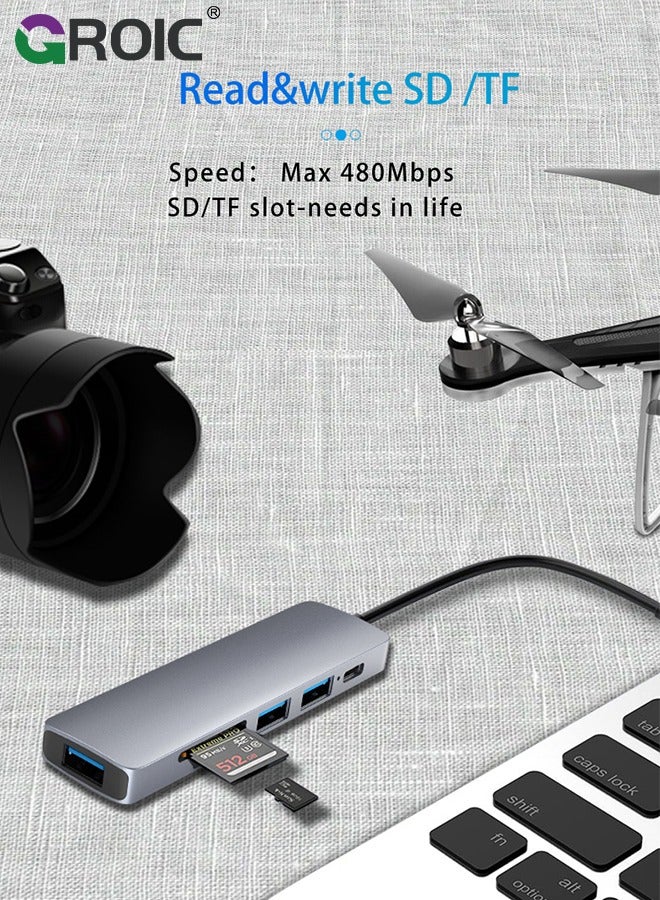 USB C Hub HDMI Adapter for MacBook Air Pro, 5 in 1 4K Dongle Multiport Converter with 15cm Cable, USB 3.0 5Gbps Data Transfer, 55W PD, SD/TF Card Slot, Digital AV Connector for Mac M1 M2 PC Laptop