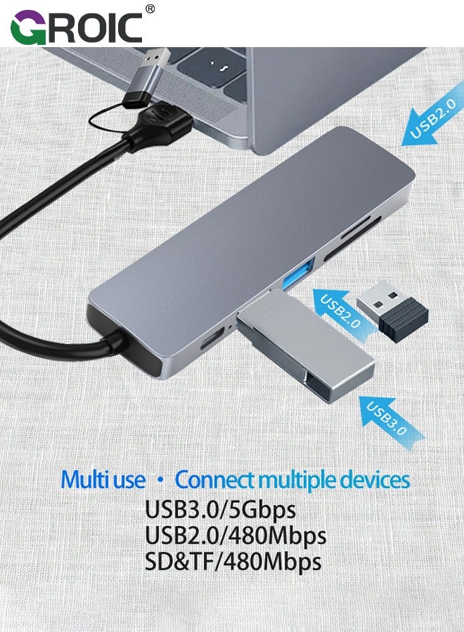 USB C Hub HDMI Adapter for MacBook Air Pro, 5 in 1 4K Dongle Multiport Converter with 15cm Cable, USB 3.0 5Gbps Data Transfer, 55W PD, SD/TF Card Slot, Digital AV Connector for Mac M1 M2 PC Laptop