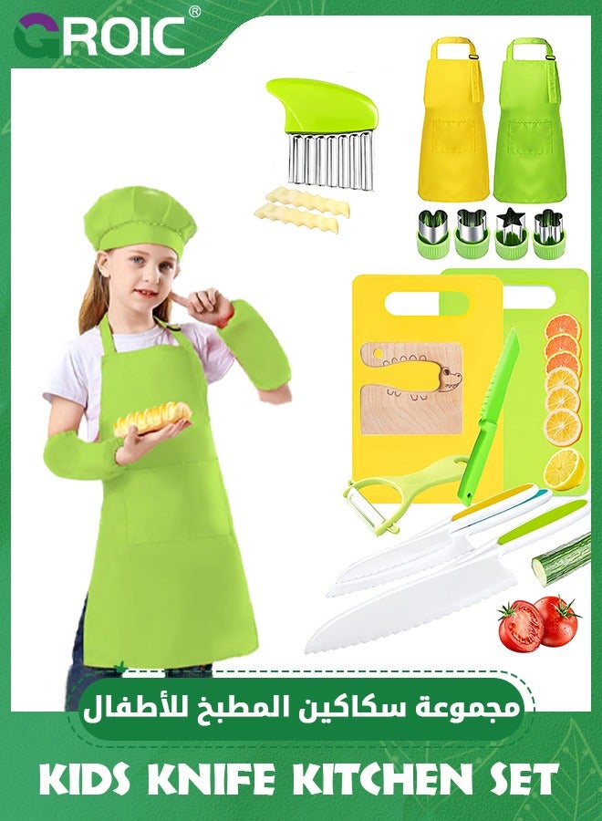 14 Pcs Kids Cooking Set, Montessori Kitchen Tools for Toddlers, Kitchen Cooking Chef Role Play Toys, Toddler Safe Knife Set for Real Cooking with Safe Knife, Peeler, Cutting Board, Apron