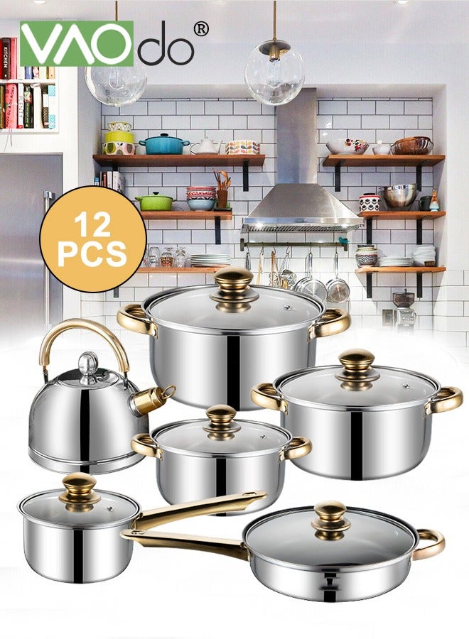 12PCS Stainless Steel pots and pans Kitchen Cookware Set Works with Induction Electric and Gas Cooktops Dishwasher Pots and Pans Kitchen Cooking Set with Stay-Cool Handles