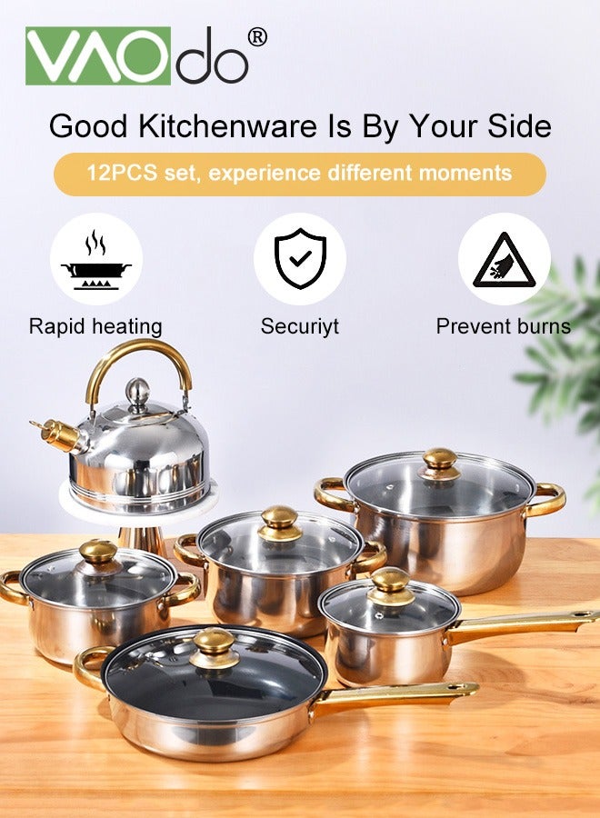 12PCS Stainless Steel pots and pans Kitchen Cookware Set Works with Induction Electric and Gas Cooktops Dishwasher Pots and Pans Kitchen Cooking Set with Stay-Cool Handles