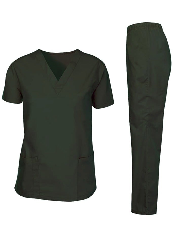 Scrubs Medical Uniform Unisex Top and Pants Dark Green Nurse Suit Set