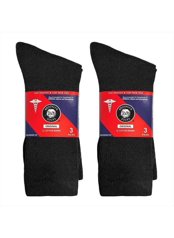 6 Pairs of Cotton Diabetic Non-Binding Neuropathy Crew Socks (Black, Fits Mens Shoe Size 9-12/Womens Shoe Size 10-13)