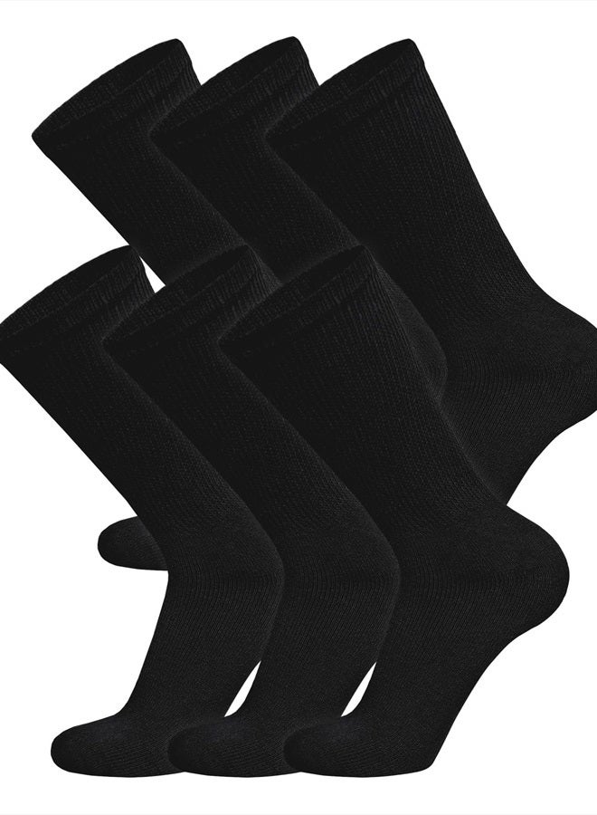 6 Pairs of Cotton Diabetic Non-Binding Neuropathy Crew Socks (Black, Fits Mens Shoe Size 9-12/Womens Shoe Size 10-13)