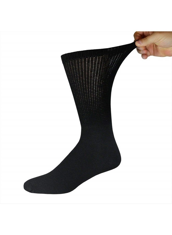 6 Pairs of Cotton Diabetic Non-Binding Neuropathy Crew Socks (Black, Fits Mens Shoe Size 9-12/Womens Shoe Size 10-13)
