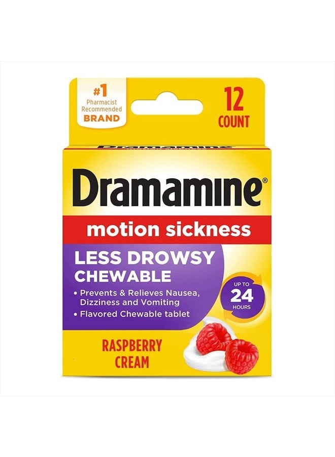 Chewable Less Drowsy, Motion Sickness Relief, Raspberry Cream Flavor, 12 Count