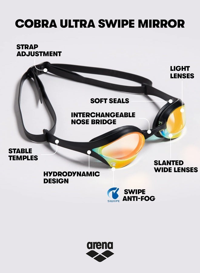 Arena Unisex Cobra Ultra Swipe Racing Swim Goggles for Men and Women Swipe Anti-Fog Technology Polycarbonate Mirror Lens, Yellow Copper/Blue