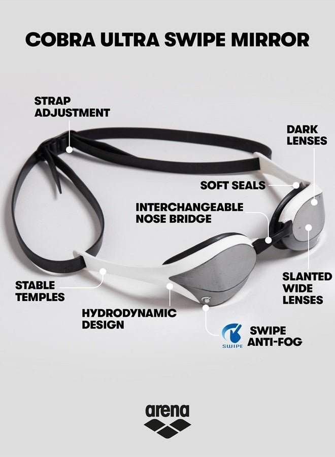 Arena Unisex Cobra Ultra Swipe Racing Swim Goggles for Men and Women Swipe Anti-Fog Technology Polycarbonate Mirror Lens, Silver/Gold