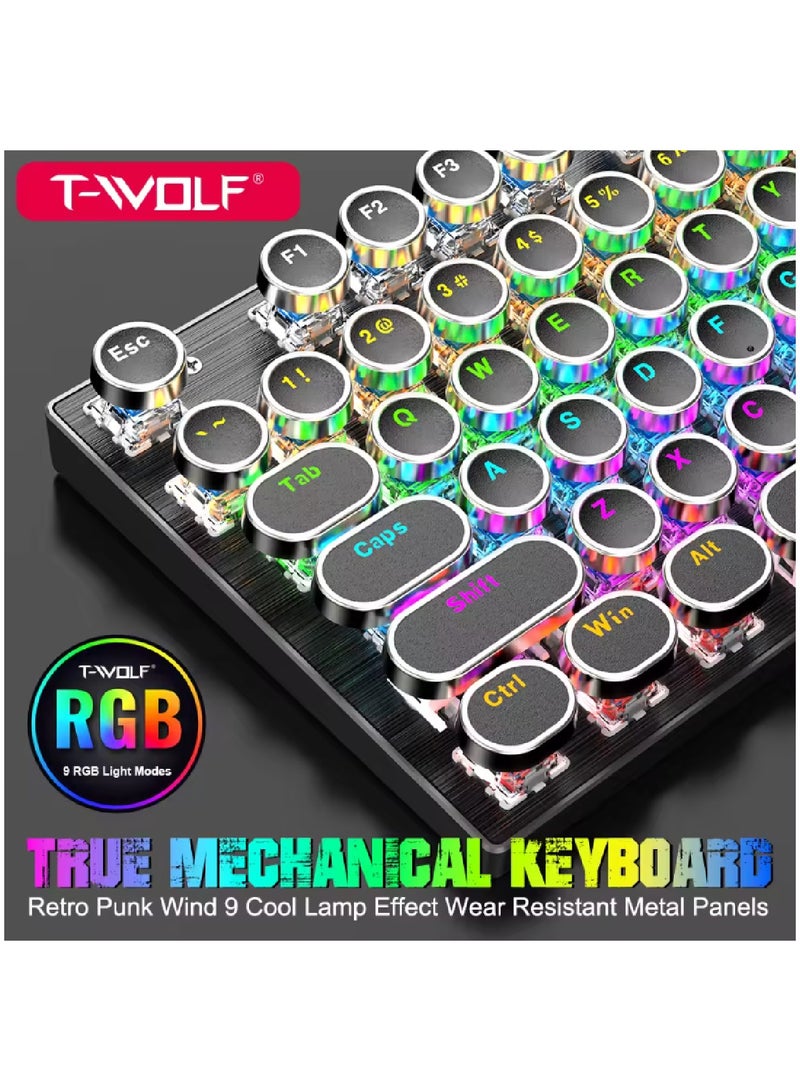 104 Key Wired Keyboard Mouse Combo Cool Rainbow Color Backlight Retro Punk Style Suspended Keycaps For Office Pc Gaming