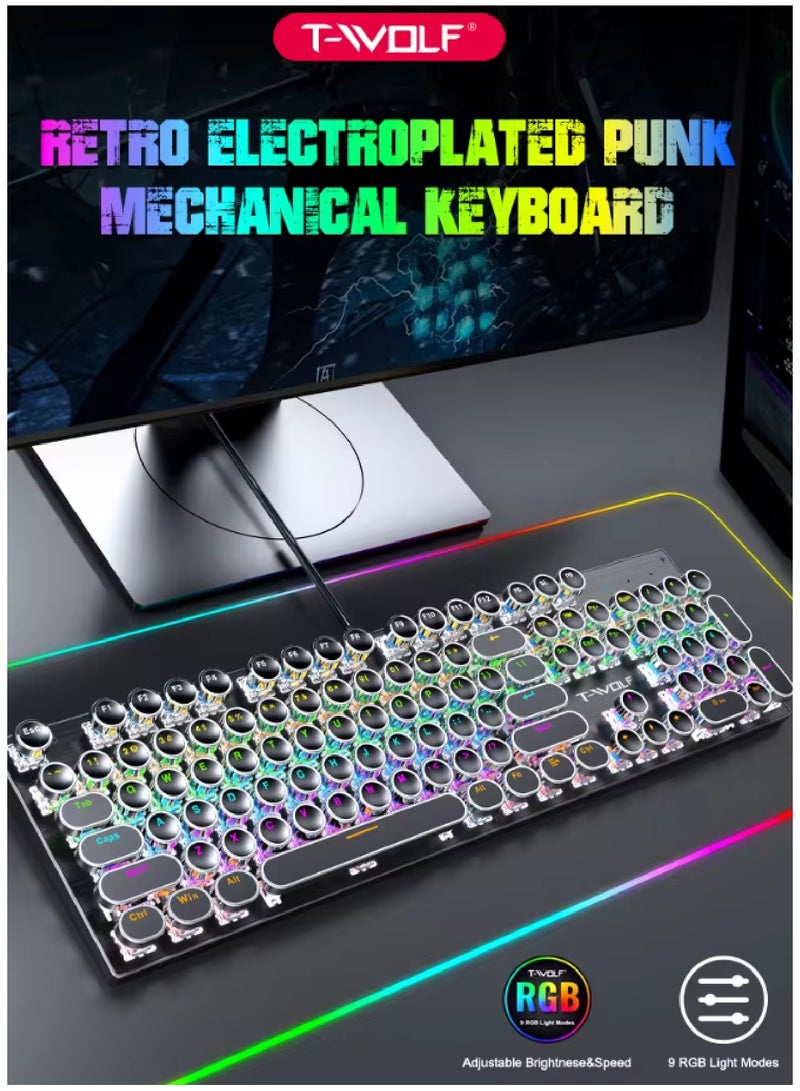 104 Key Wired Keyboard Mouse Combo Cool Rainbow Color Backlight Retro Punk Style Suspended Keycaps For Office Pc Gaming