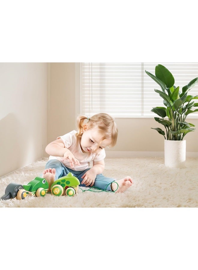 Pull Along Frog Family with Anti-Rollover Wheels, Toddler Push and Pull Toys