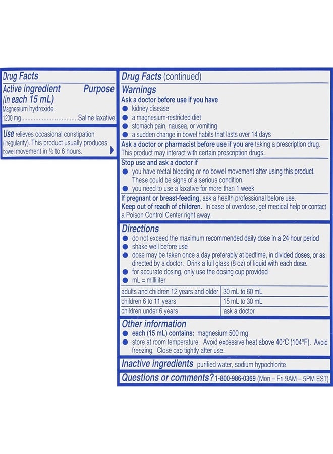 Milk of Magnesia Liquid Laxative, 26 oz (Pack of 2) Cramp Free & Gentle Overnight Relief Of Occasional Constipation, #1 Milk of Magnesia Brand