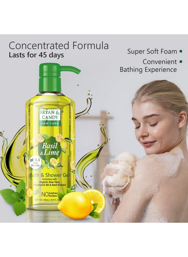 Basil And Lime Bath And Shower Gel Enriched With Organic Aloe Vera Pro Vitamin B5 Basil Extract Skin Friendly Ph 5.5 All Skin Types 500 Ml (Pack Of 1)