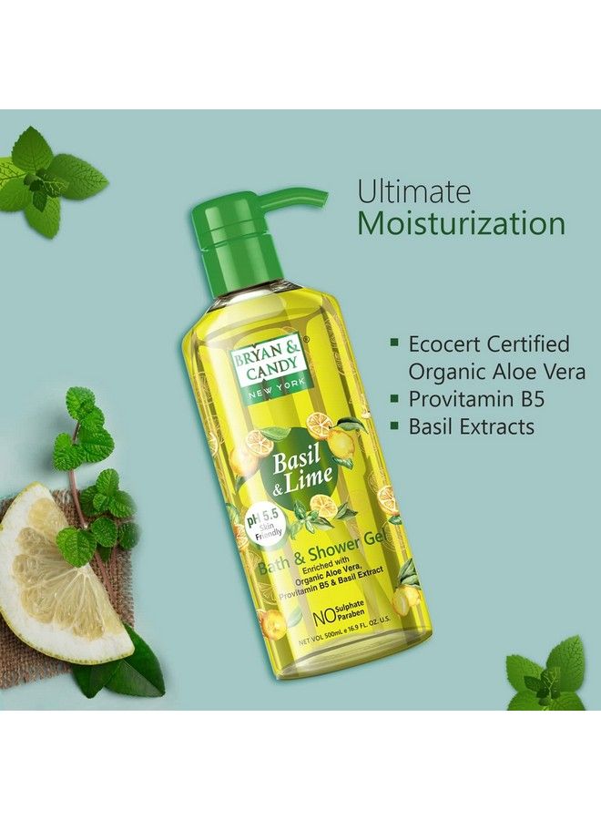 Basil And Lime Bath And Shower Gel Enriched With Organic Aloe Vera Pro Vitamin B5 Basil Extract Skin Friendly Ph 5.5 All Skin Types 500 Ml (Pack Of 1)