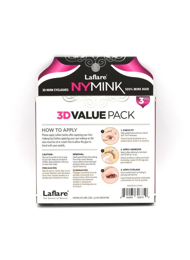 3D Ny Mink Eyelashes Multipack 100% Real Mink Hair Lashes Luxury Makeup Natural Light Trendy Variety Reusable 3 Pairs Value Pack (Nyvp43)