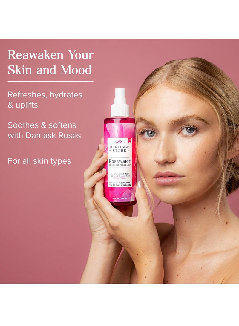 HERITAGE STORE Rosewater Spray | Hydrating Mist for Skin & Hair | No Dyes or Alcohol | Vegan | 8 oz