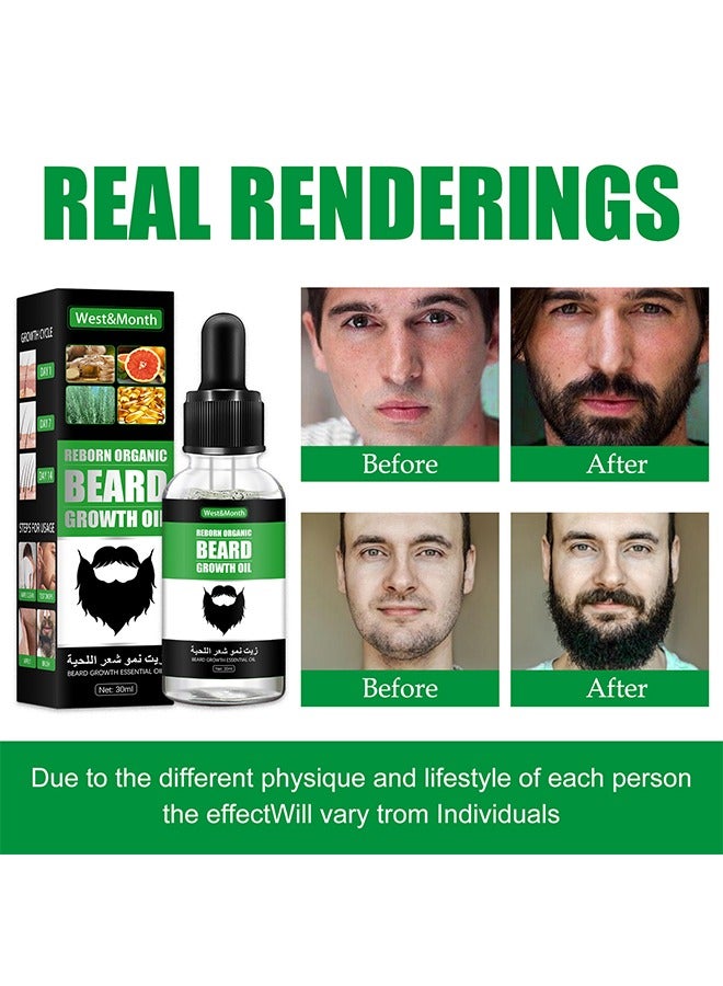 Reborn Organic Beard Growth Oil-For Beard More Full And Thick, Beard Growth Serum Of Plant Extraction, Pure Natural Promote Beard And Hair Growth，Comes With A Folding Beard Comb