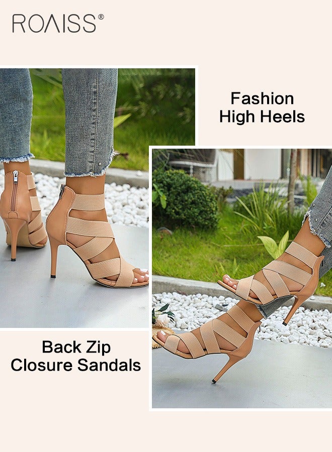 Women's Cross Elastic Strap Sandals Fashionable Summer Hollow Out Open Toe High Heels Pu Leather Patchwork Versatile Party High Heel Sandals