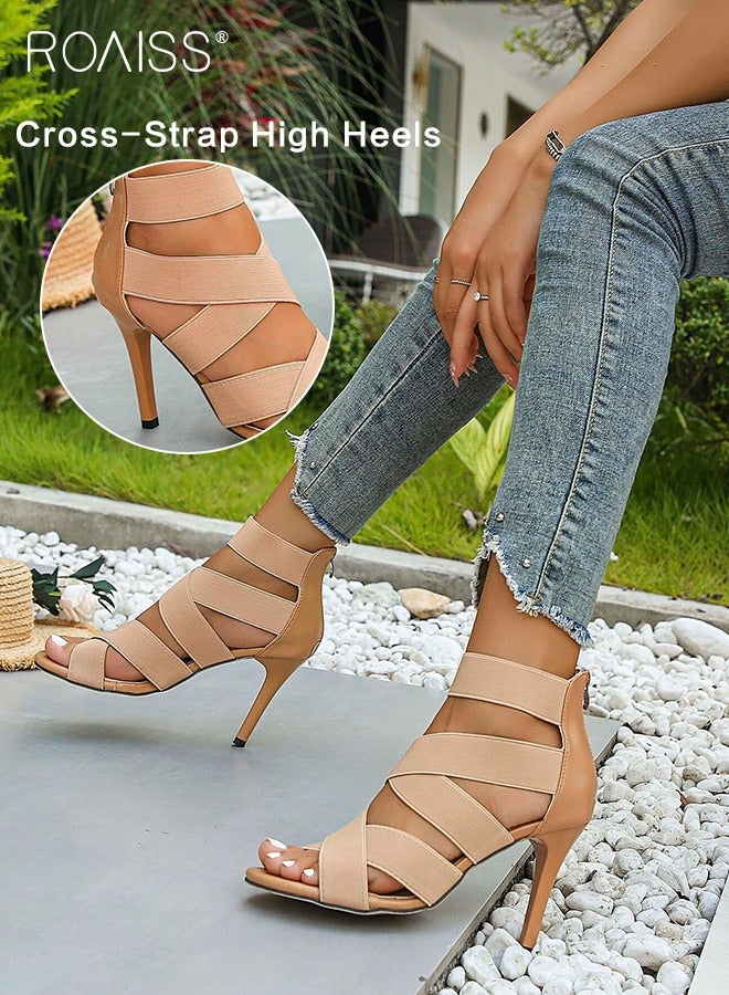 Women's Cross Elastic Strap Sandals Fashionable Summer Hollow Out Open Toe High Heels Pu Leather Patchwork Versatile Party High Heel Sandals