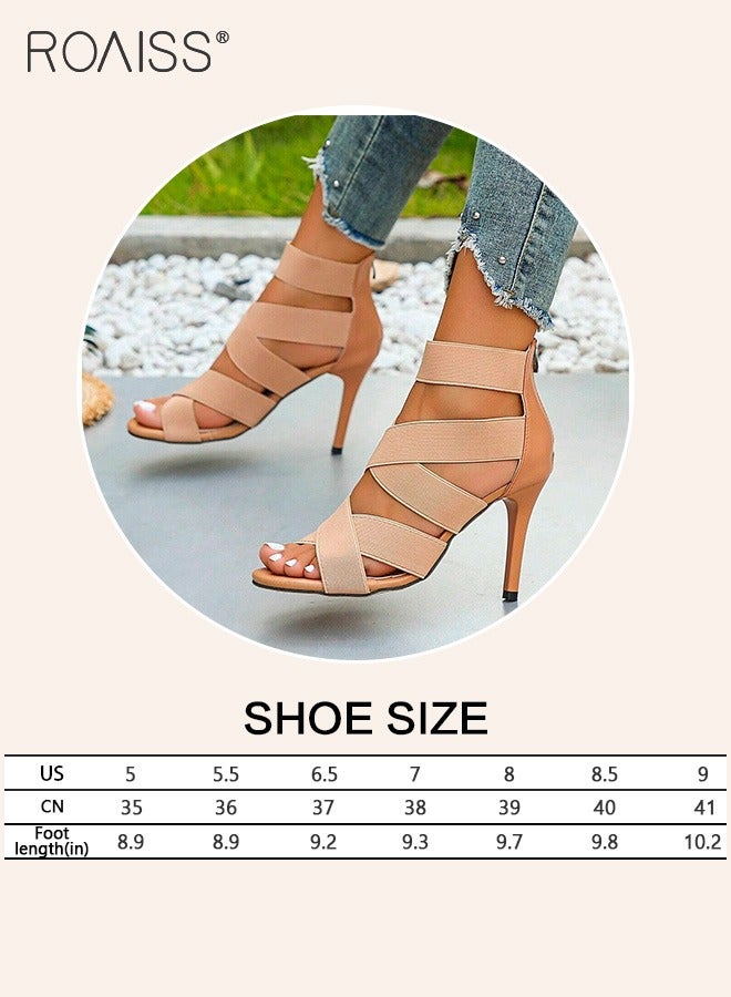 Women's Cross Elastic Strap Sandals Fashionable Summer Hollow Out Open Toe High Heels Pu Leather Patchwork Versatile Party High Heel Sandals