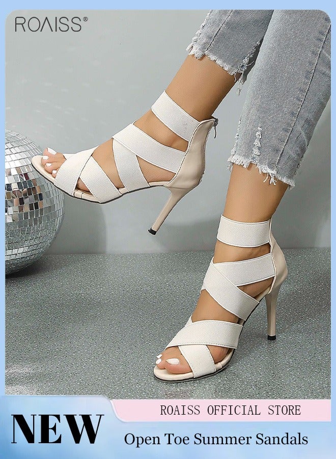 Women's Cross Elastic Strap Sandals Fashionable Summer Hollow Out Open Toe High Heels Pu Leather Patchwork Versatile Party High Heel Sandals