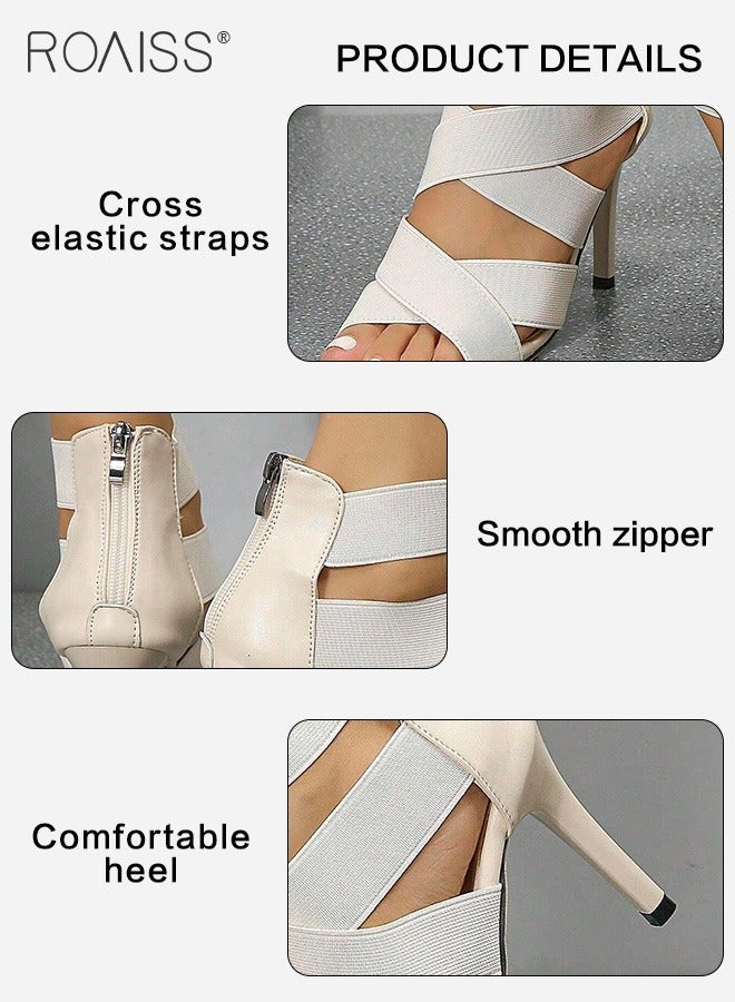 Women's Cross Elastic Strap Sandals Fashionable Summer Hollow Out Open Toe High Heels Pu Leather Patchwork Versatile Party High Heel Sandals