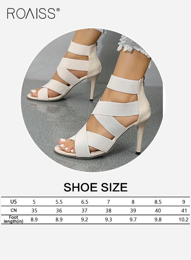 Women's Cross Elastic Strap Sandals Fashionable Summer Hollow Out Open Toe High Heels Pu Leather Patchwork Versatile Party High Heel Sandals