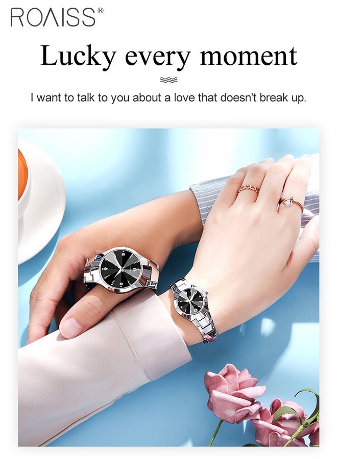 Stainless Steel Strap Couple Quartz Watch Set, Analog Display Round Dial with Rhinestones Decoration, Luxurious Luminous Waterproof Calendar Watch Gift for Men Women