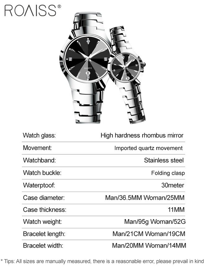 Stainless Steel Strap Couple Quartz Watch Set, Analog Display Round Dial with Rhinestones Decoration, Luxurious Luminous Waterproof Calendar Watch Gift for Men Women