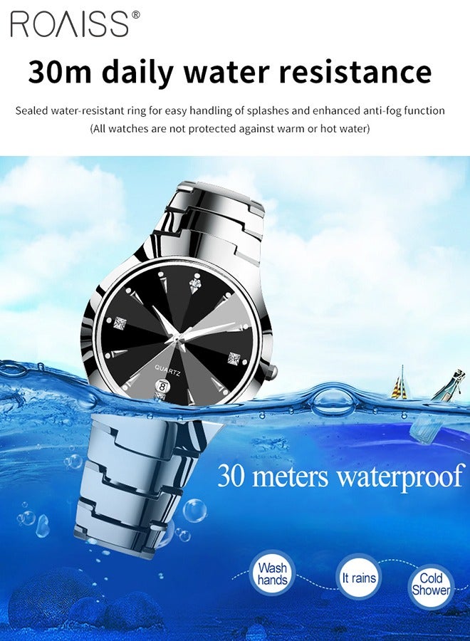 Stainless Steel Strap Couple Quartz Watch Set, Analog Display Round Dial with Rhinestones Decoration, Luxurious Luminous Waterproof Calendar Watch Gift for Men Women