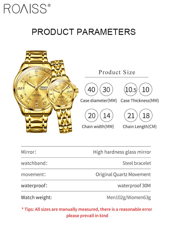 Stainless Steel Strap Couple Quartz Watch Set, Analog Display Round Dial with Rhinestones Decoration, Luxurious Luminous Waterproof Calendar Watch Gift for Men Women, Gold