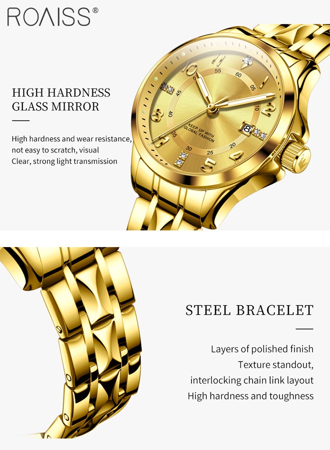 Stainless Steel Strap Couple Quartz Watch Set, Analog Display Round Dial with Rhinestones Decoration, Luxurious Luminous Waterproof Calendar Watch Gift for Men Women, Gold