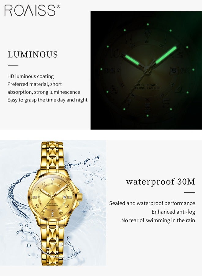 Stainless Steel Strap Couple Quartz Watch Set, Analog Display Round Dial with Rhinestones Decoration, Luxurious Luminous Waterproof Calendar Watch Gift for Men Women, Gold