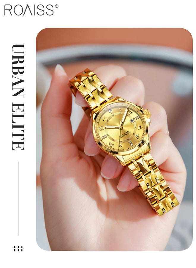 Stainless Steel Strap Couple Quartz Watch Set, Analog Display Round Dial with Rhinestones Decoration, Luxurious Luminous Waterproof Calendar Watch Gift for Men Women, Gold