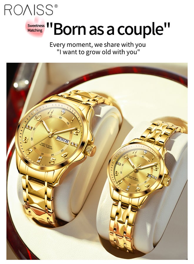 Stainless Steel Strap Couple Quartz Watch Set, Analog Display Round Dial with Rhinestones Decoration, Luxurious Luminous Waterproof Calendar Watch Gift for Men Women, Gold