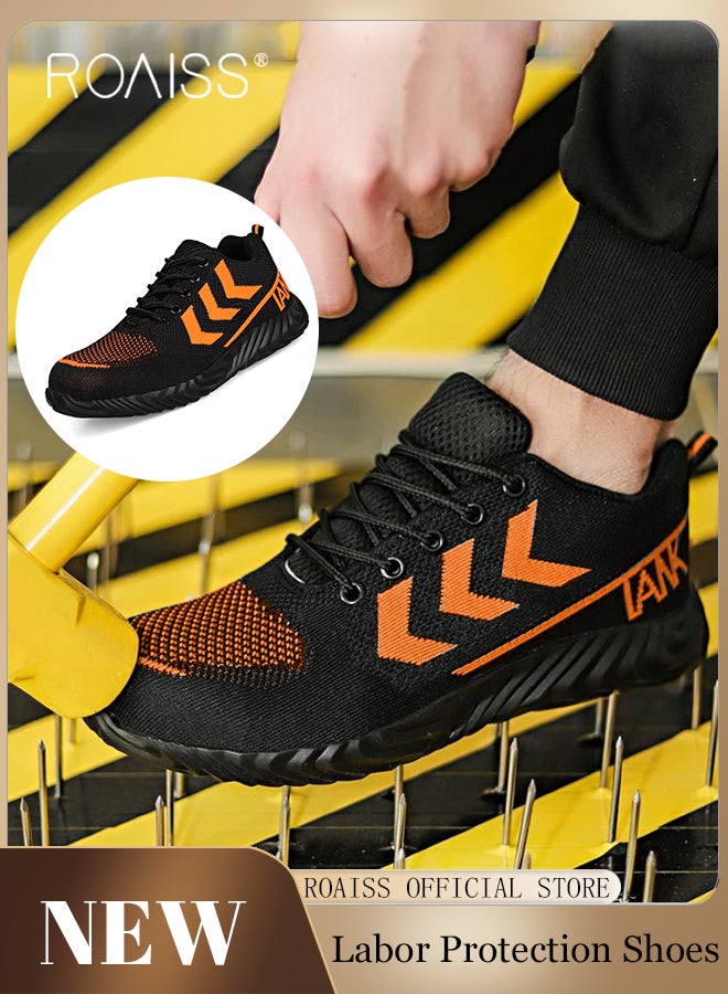 Labor Protection Sneakers for Men Lightweight Breathable and Anti-Slip Sports Shoes for Running Fitness or Outing Wear Fly-Woven Adjustable Lace-Up Athletic Shoes for Male