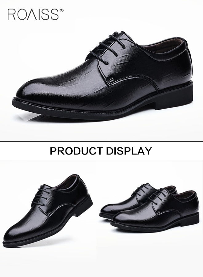 Business Formal Leather Shoes for Men Lightweight and Non Slip Pointed Patent Leather Shoes for Office Wedding Business Trip Casual Soft and Breathable Men's Lace up Leather Shoes for Bridegroom