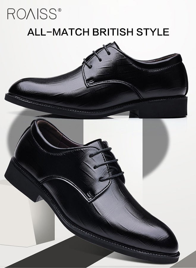 Business Formal Leather Shoes for Men Lightweight and Non Slip Pointed Patent Leather Shoes for Office Wedding Business Trip Casual Soft and Breathable Men's Lace up Leather Shoes for Bridegroom