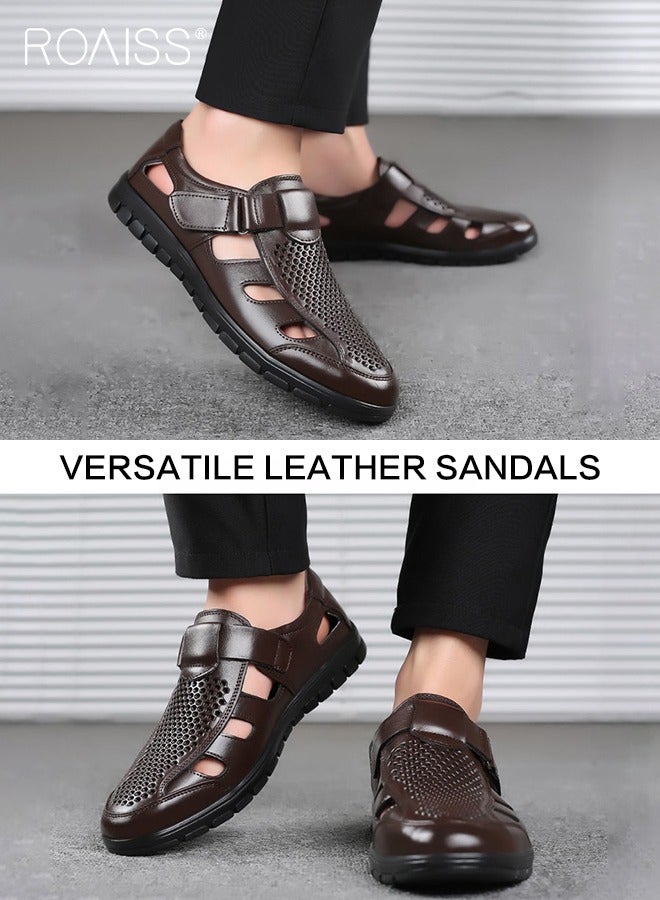 Men's Summer Breathable Mesh Leather Shoes Side Hollowed Out Velcro Business Pu Leather Sandals Casual Fashion Anti-Skid Sandals