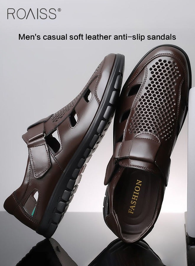 Men's Summer Breathable Mesh Leather Shoes Side Hollowed Out Velcro Business Pu Leather Sandals Casual Fashion Anti-Skid Sandals