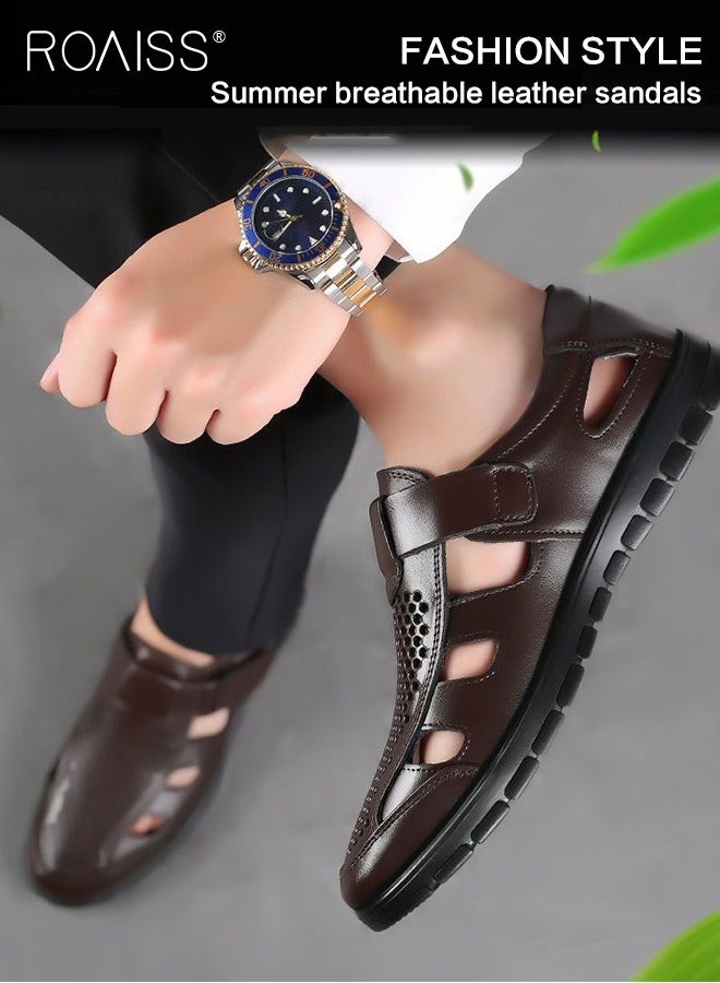 Men's Summer Breathable Mesh Leather Shoes Side Hollowed Out Velcro Business Pu Leather Sandals Casual Fashion Anti-Skid Sandals